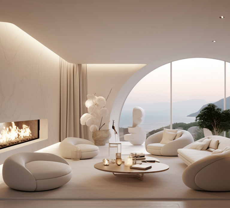 Diplomat Villa Zagaleta – Contemporary Living Room with Panoramic Views / FastDesign S.L. – All rights reserved. Contemporary living room with curved furniture, fireplace, and floor-to-ceiling arched glass framing sea and mountain scenery.
